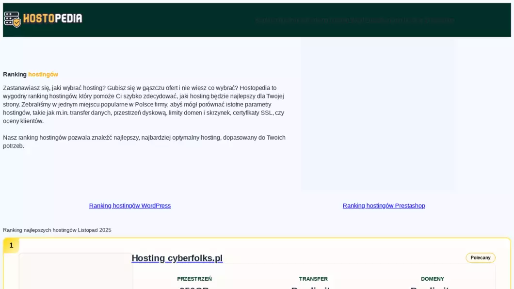Hostopedia - ranking hostingów - podgląd